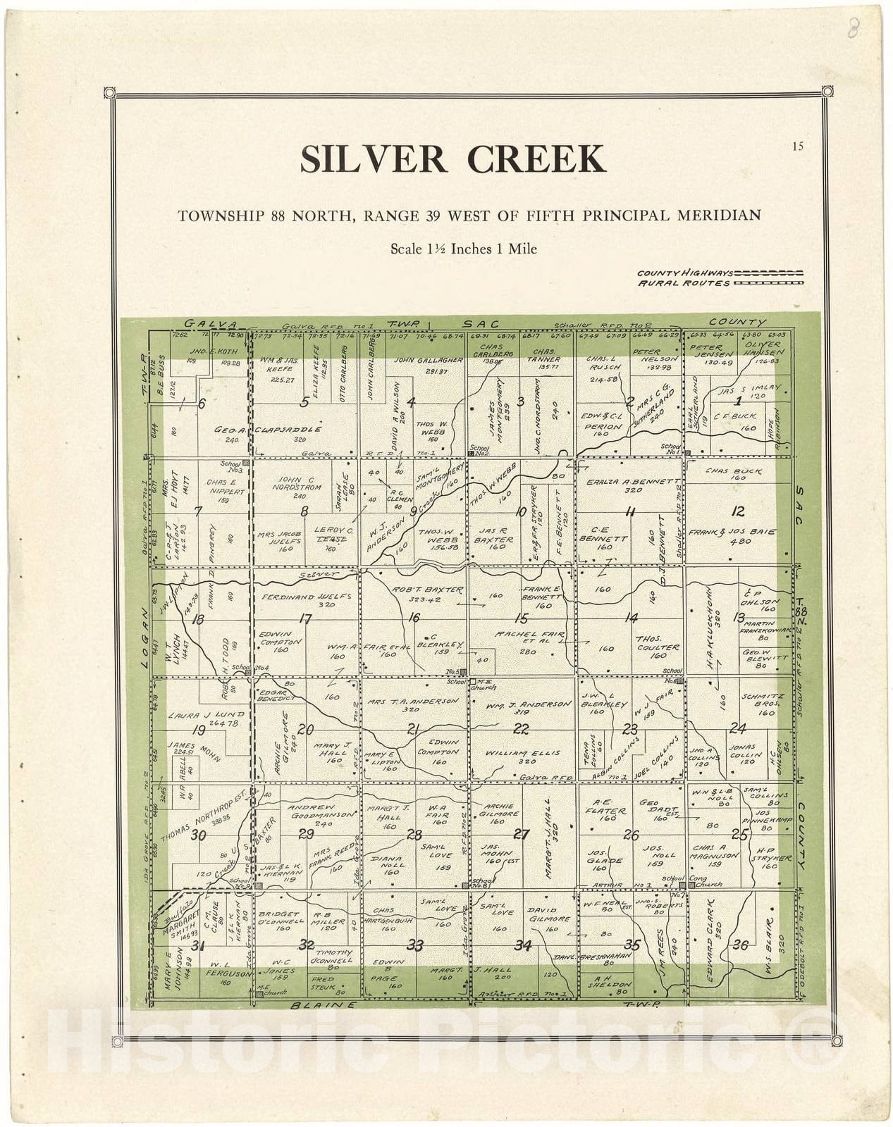 Historic 1920 Map - Atlas of Ida County, Iowa - Silver Creek