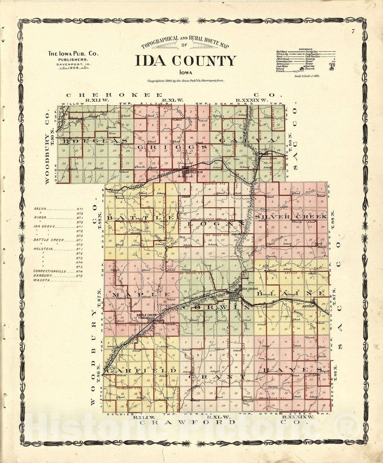 Historic 1906 Map - Atlas of Ida County, Iowa - Topographical and Rural Route Map of Ida County