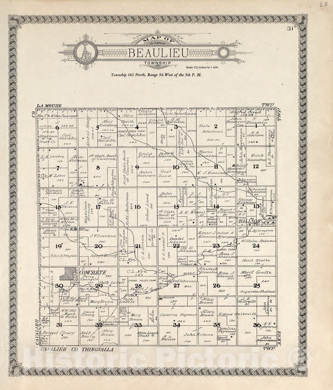 Historic 1928 Map - Standard Atlas of Pembina County, North Dakota - Premier Series North Dakota
