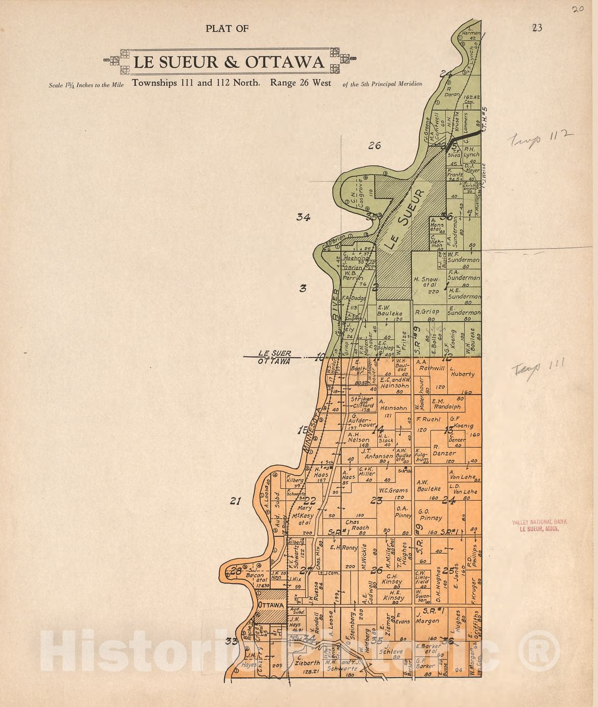 Historic 1928 Map - Plat Book of Le Sueur County, Minnesota - Plat of Le Sueur and Ottowa