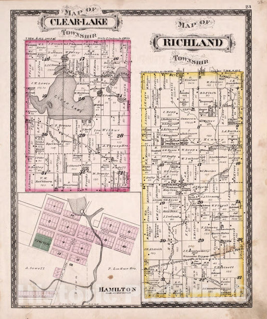 Historic 1880 Map - Atlas of Steuben Co, Indiana - Clear-Lake and Richland Twps & Hamilton Region - Illustrated Historical Atlas of Steuben County, Indiana