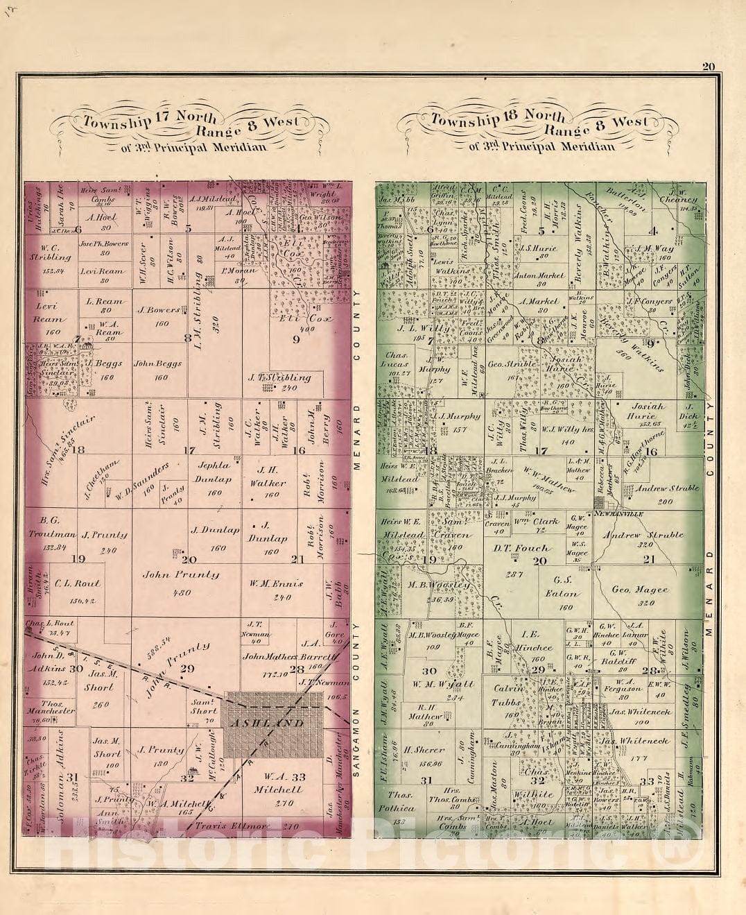 Historic 1874 Map - Illustrated Atlas map of Cass County, Illinois - Township 17 North 10 West - Atlas map of Cass County, Illinois