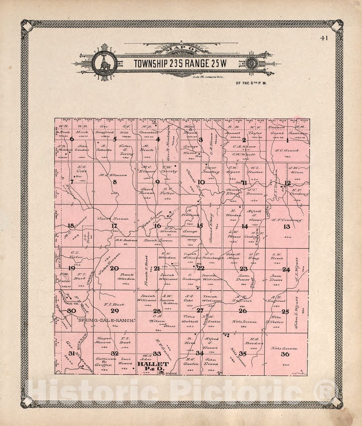 Historic 1907 Map - Standard Atlas of Hodgeman County, Kansas - Map of Township 23 S Range 24 W