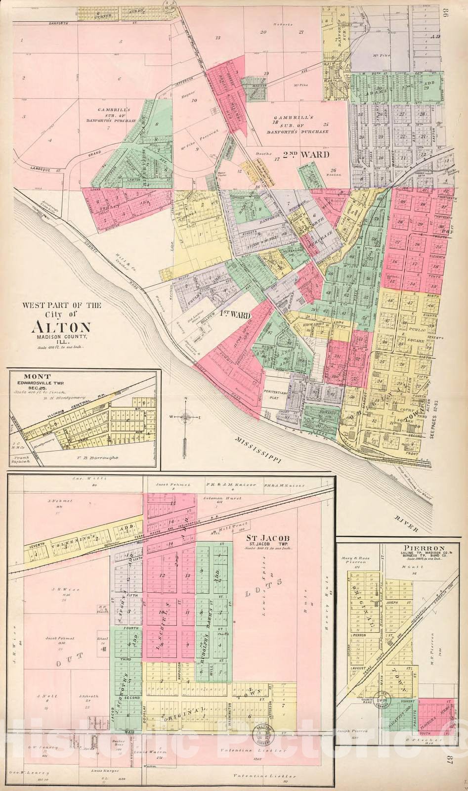 Historic 1906 Map - Standard Atlas of Madison County, Illinois - West Part of Alton - Mont - St. Jacob - Pierron