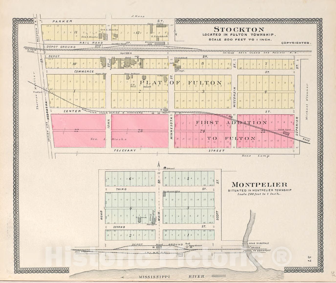 Historic 1899 Map - Atlas of Muscatine County, Iowa - Stockton; Plat of Fulton; First Addition to Fulton; Montpelier