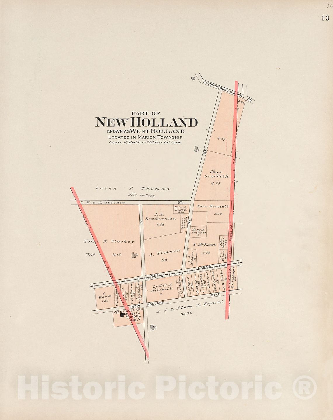 Historic 1913 Map - Plat Book of Fayette County, Ohio - Part of New Holland Known As West Holland