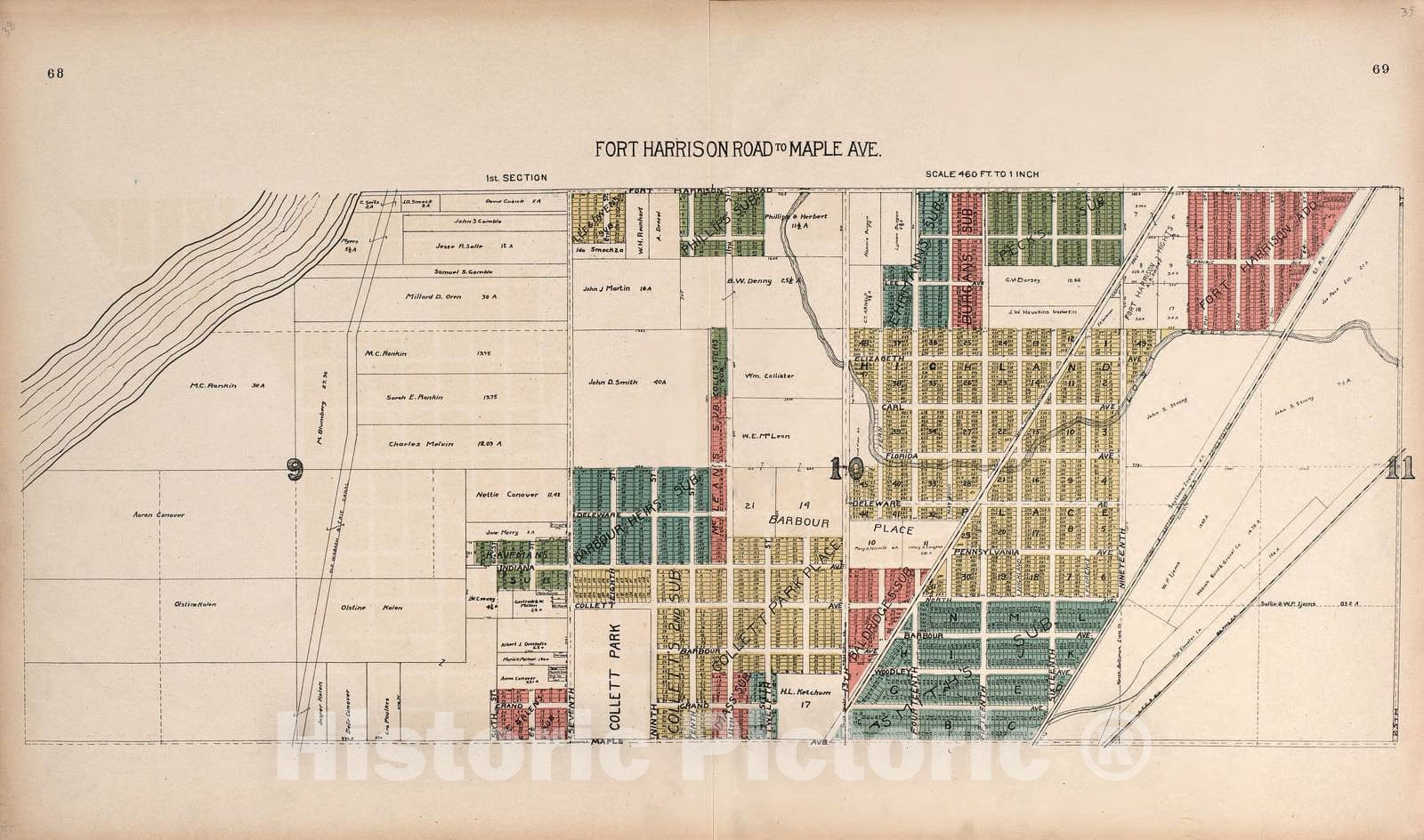 Historic 1907 Map - Standard Atlas of Vigo County, Indiana - Fort Harrison Road to Maple Avenue - County of Vigo, Indiana