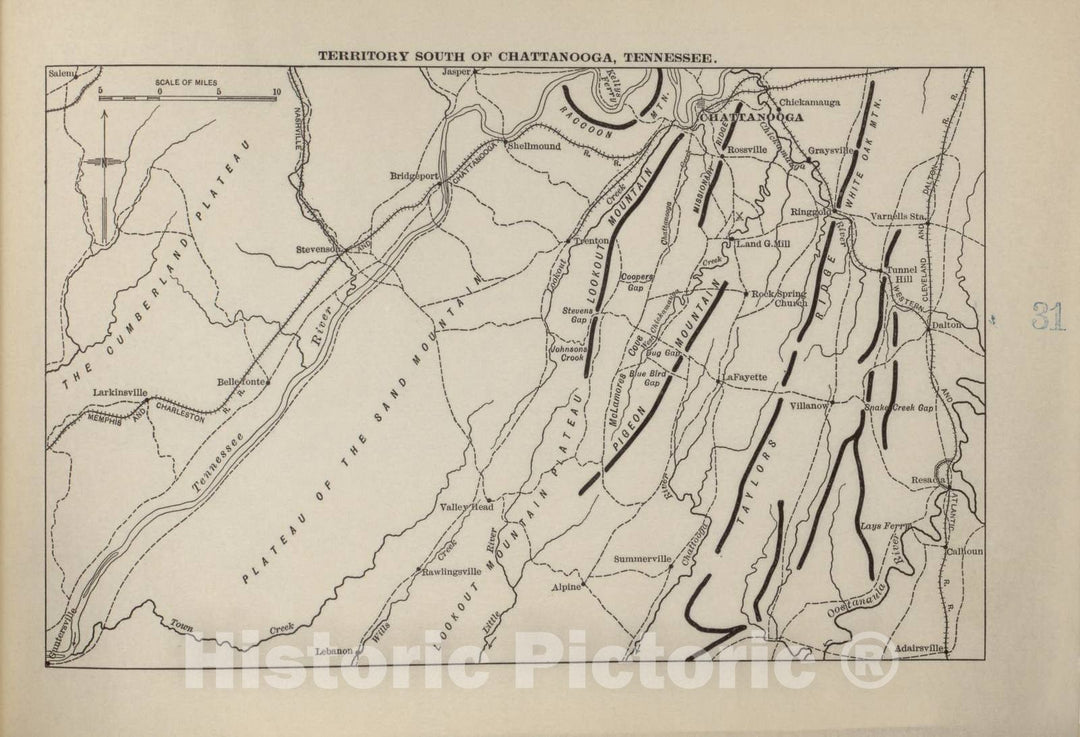 Historic 1914 Map - Campaigns of The American Civil War-Atlas - Territory South of Chattanooga, Tenn. - American Civil War Atlas