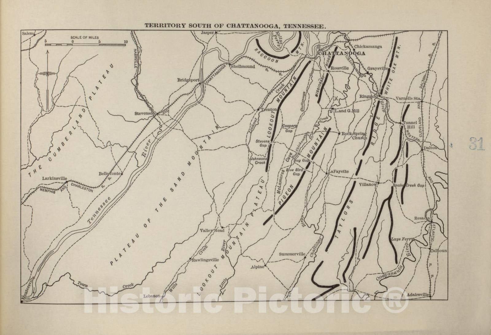 Historic 1914 Map - Campaigns of The American Civil War-Atlas - Territory South of Chattanooga, Tenn. - American Civil War Atlas