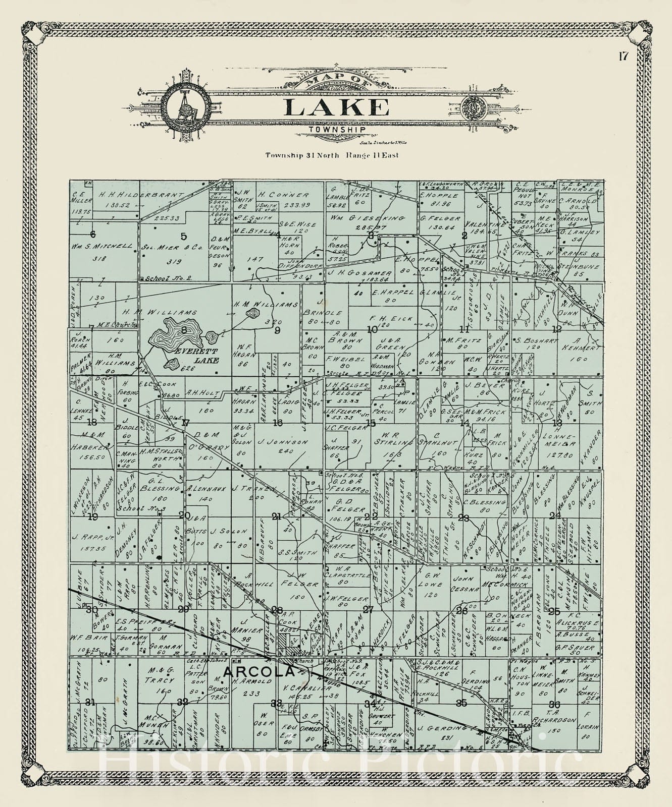Historic 1907 Map - Plat Book of Allen County, Indiana. - Map of Lake Township