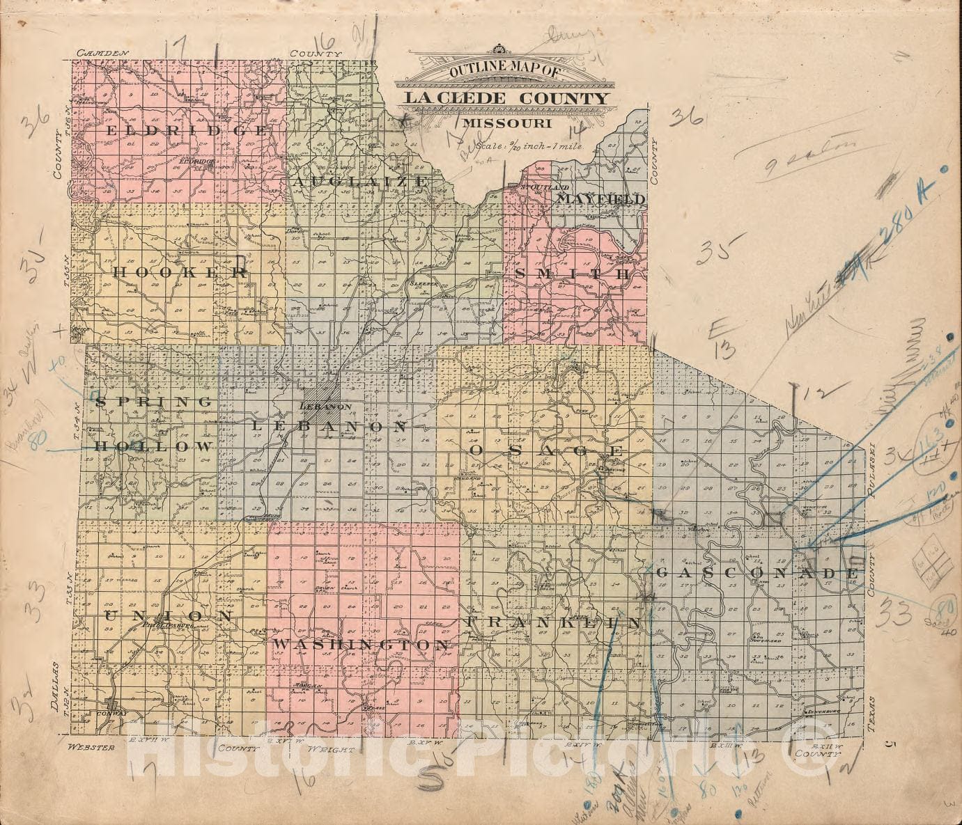 Historic 1912 Map - Plat Book of La Clede County, Missouri - Outline Map of La Clede County, MO
