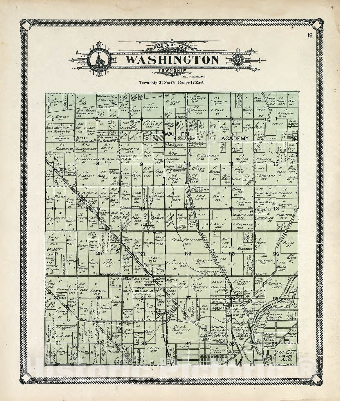 Historic 1907 Map - Plat Book of Allen County, Indiana. - Map of Washington Township