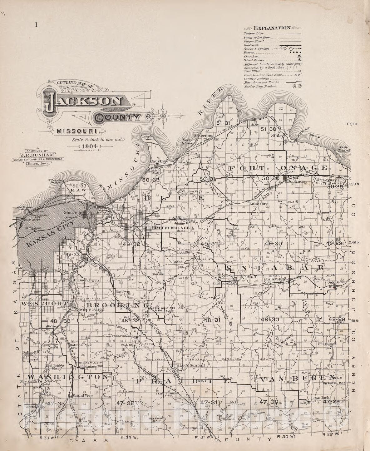 Historic 1904 Map - Plat Book of Jackson County, Missouri - Outline map of Jackson County - Color