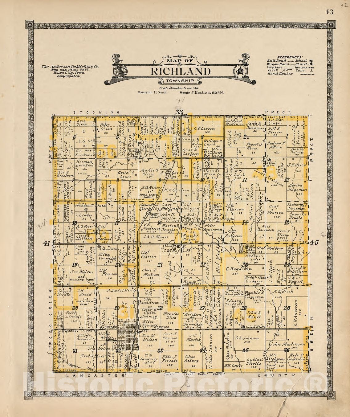 Historic 1916 Map - Atlas of Saunders County, Nebraska - Map of Richland Township - Atlas of Saunders County, Nebraska 1918