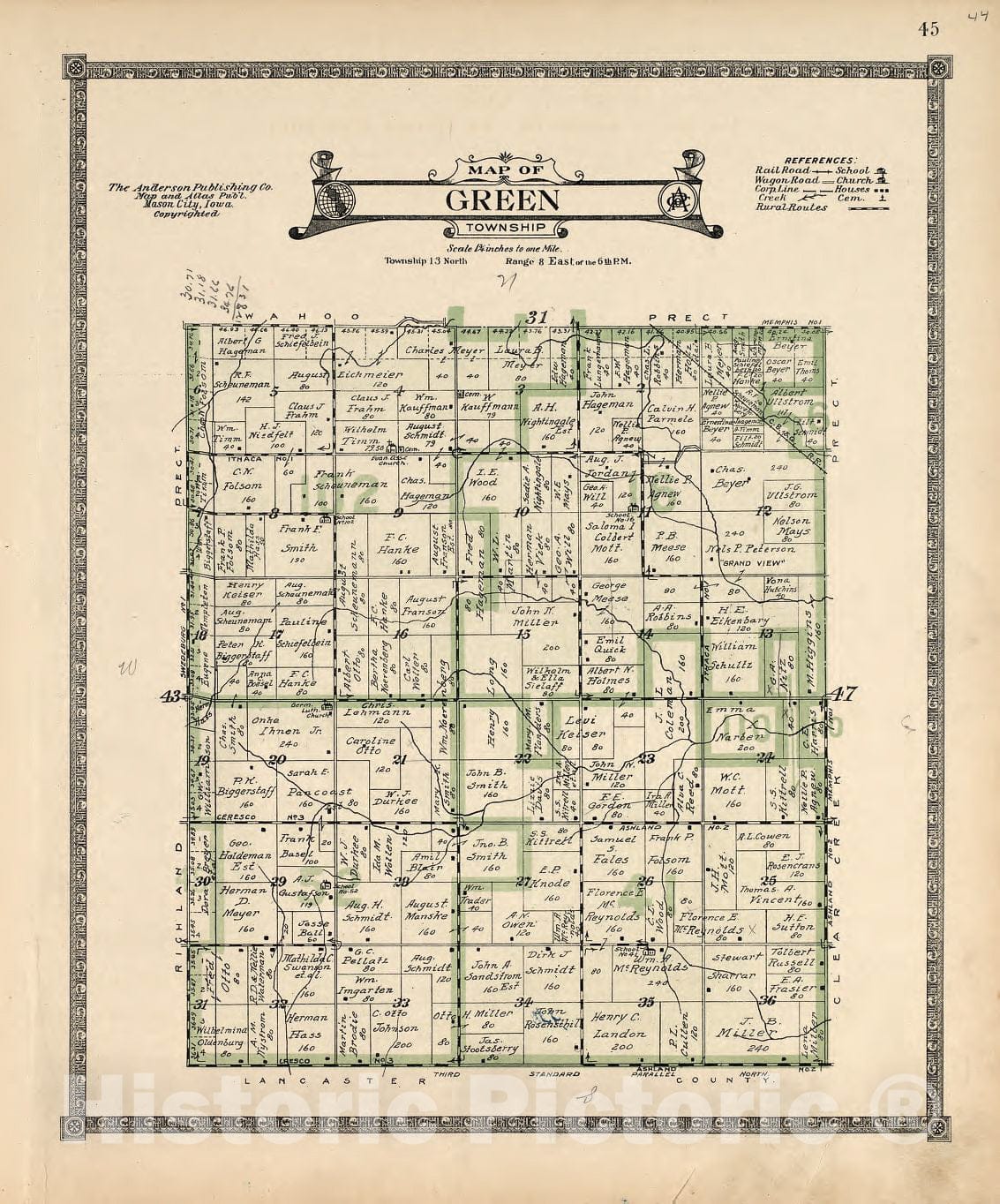 Historic 1916 Map - Atlas of Saunders County, Nebraska - Map of Green Township - Atlas of Saunders County, Nebraska 1918