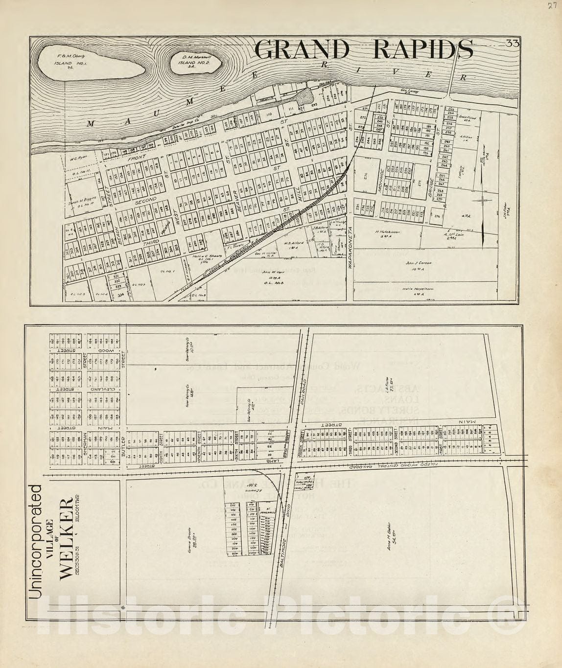 Historic 1912 Map - an Atlas of Wood County, Ohio - Grand Rapids; Unincorporated Village of Welker
