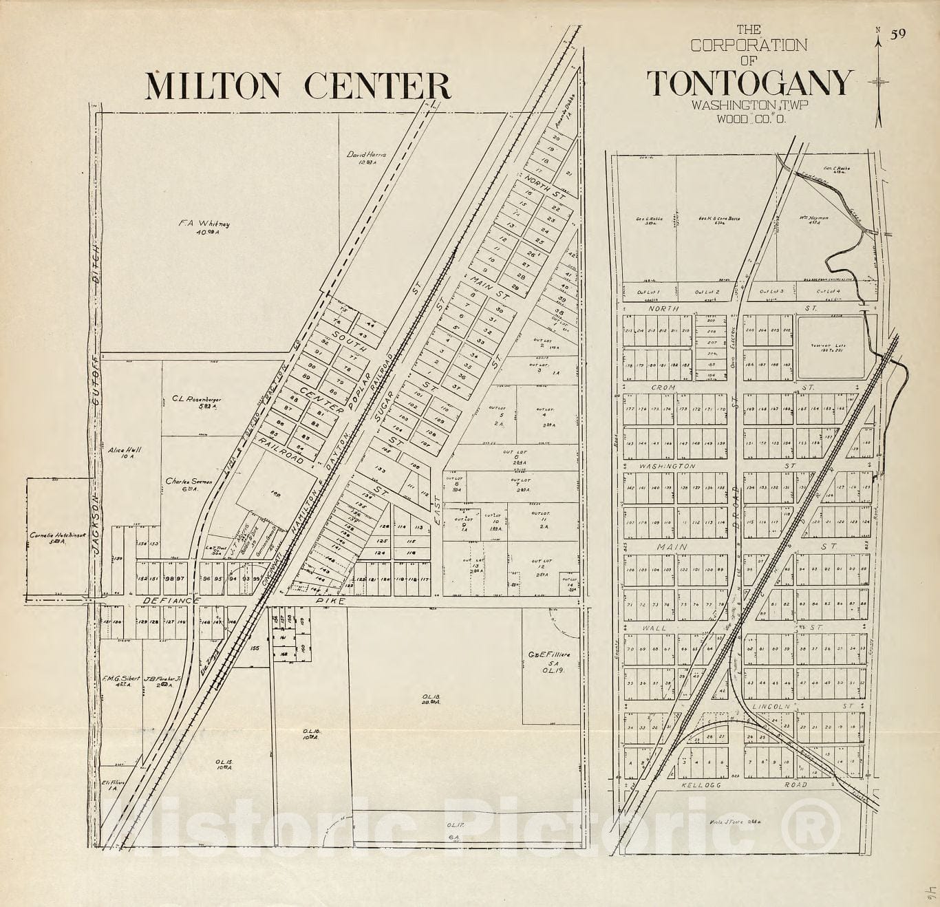Historic 1912 Map - an Atlas of Wood County, Ohio - Milton Center; The Corporation of Tontogany, Washington Township, Wood Co, Ohio