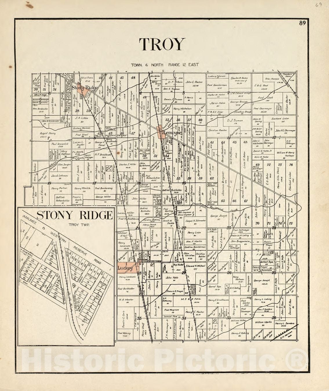 Historic 1912 Map - an Atlas of Wood County, Ohio - Troy; Stony Ridge