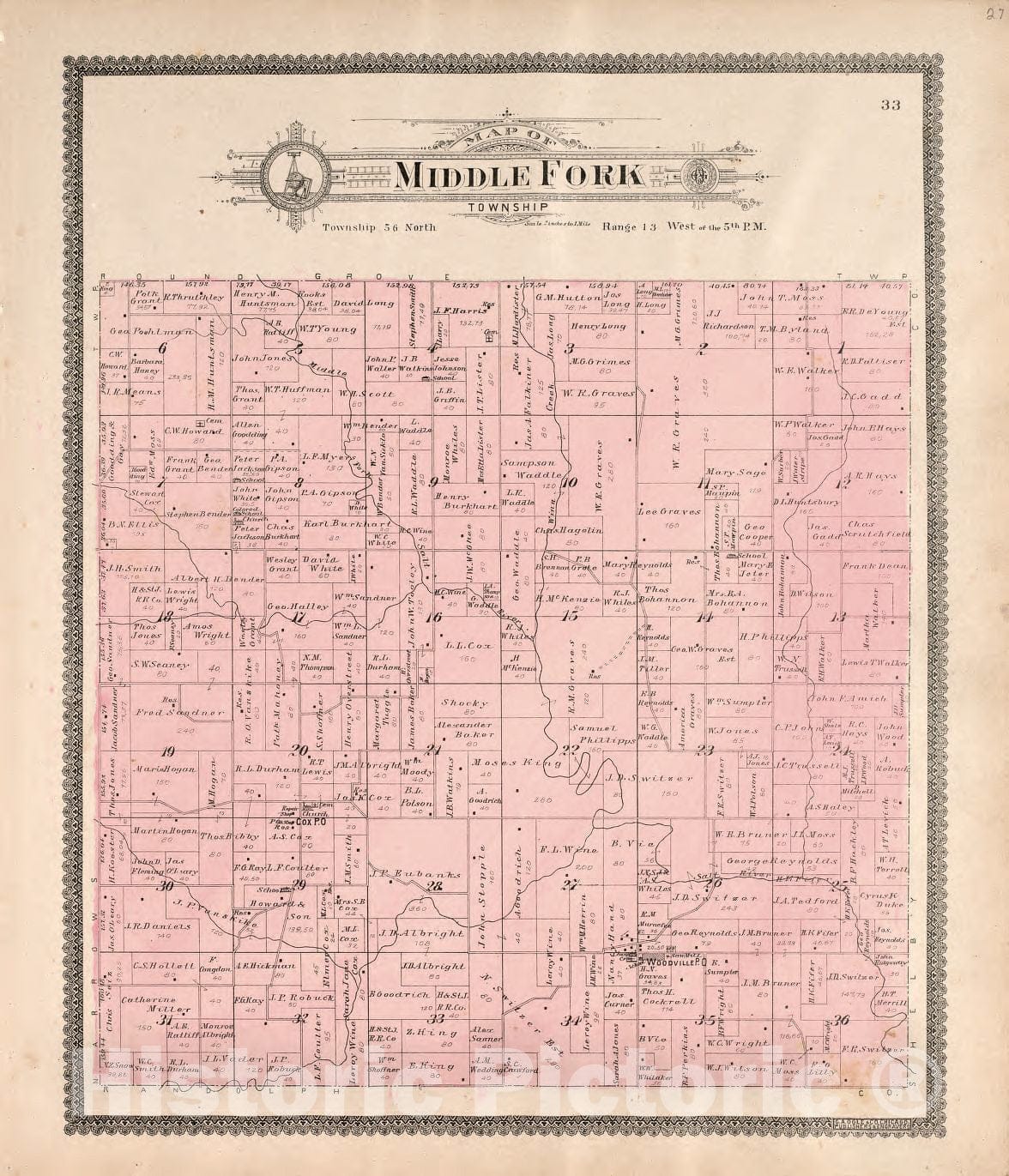 Historic 1897 Map - Standard Atlas of Macon County, Missouri - Middle Fork Township