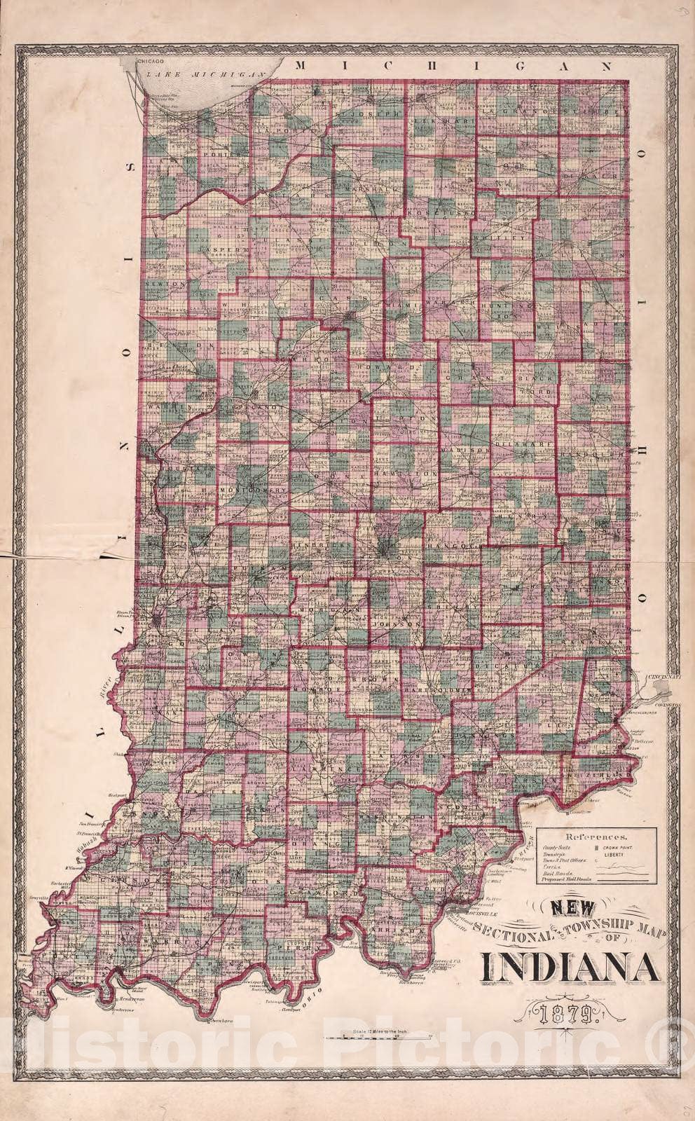Historic 1880 Map - Atlas of Steuben Co, Indiana - New Sectional Township Map of Indiana 1879 - Illustrated Historical Atlas of Steuben County, Indiana