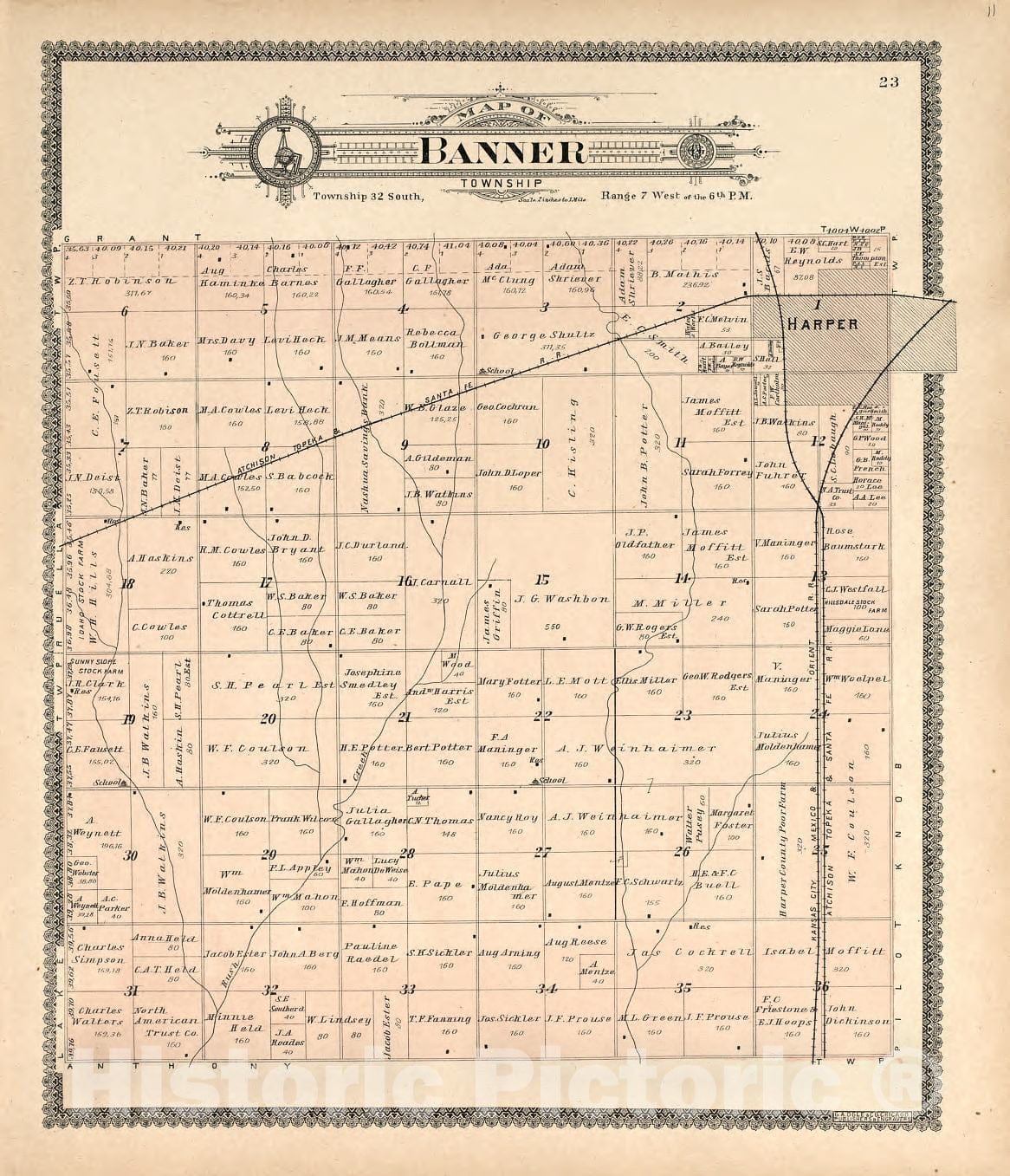 Historic 1902 Map - Standard Atlas of Harper County, Kansas - Map of Banner Township