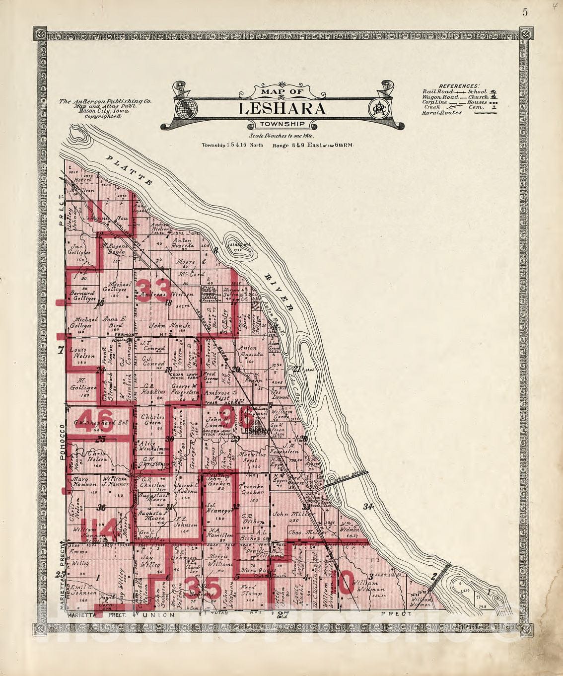 Historic 1916 Map - Atlas of Saunders County, Nebraska - Map of Leshara Township - Atlas of Saunders County, Nebraska 1918
