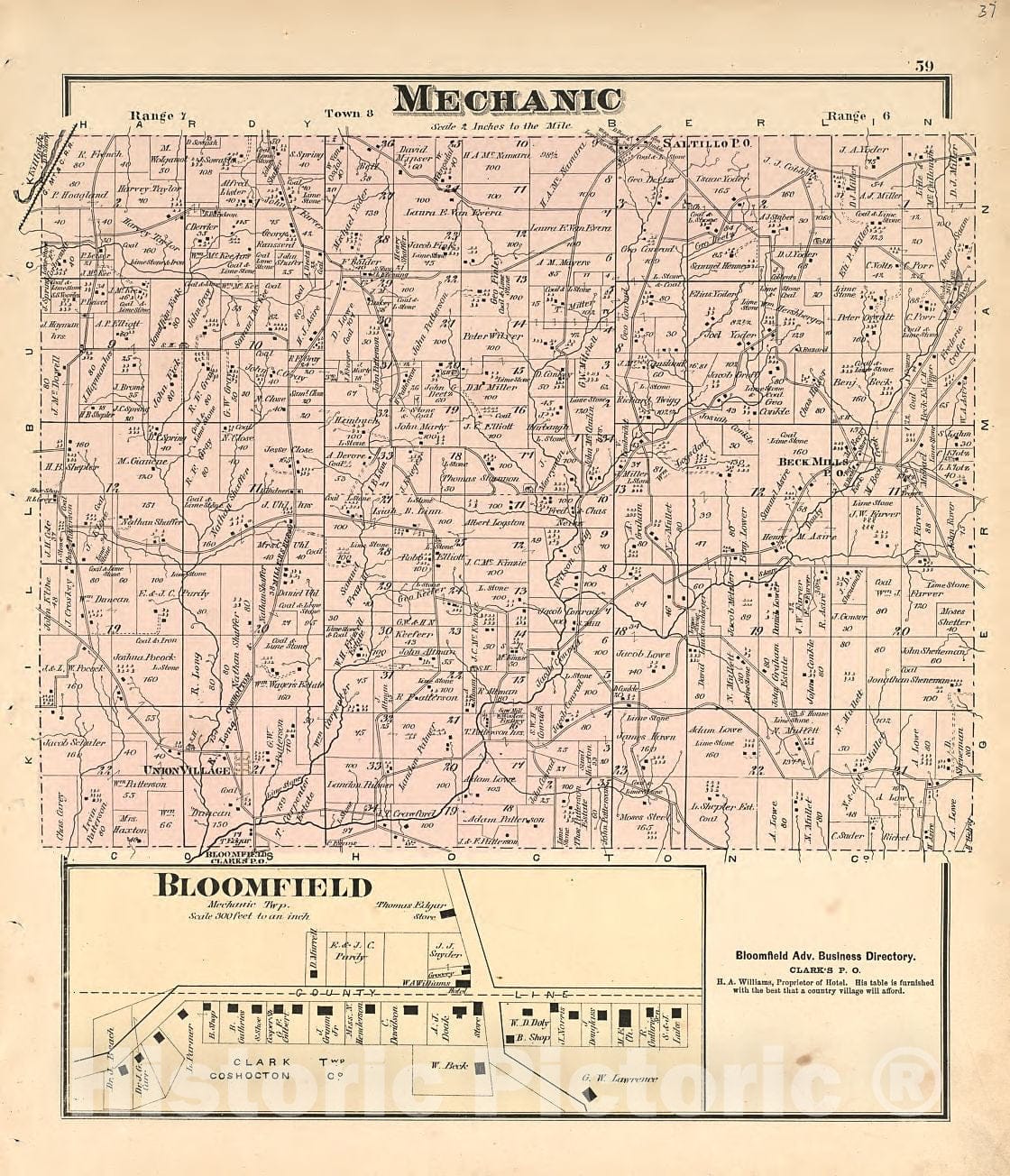 Historic 1875 Map - Caldwell's Atlas of Holmes Co, Ohio - Mechanic - Bloomfield - Caldwell's Atlas of Holmes County, Ohio