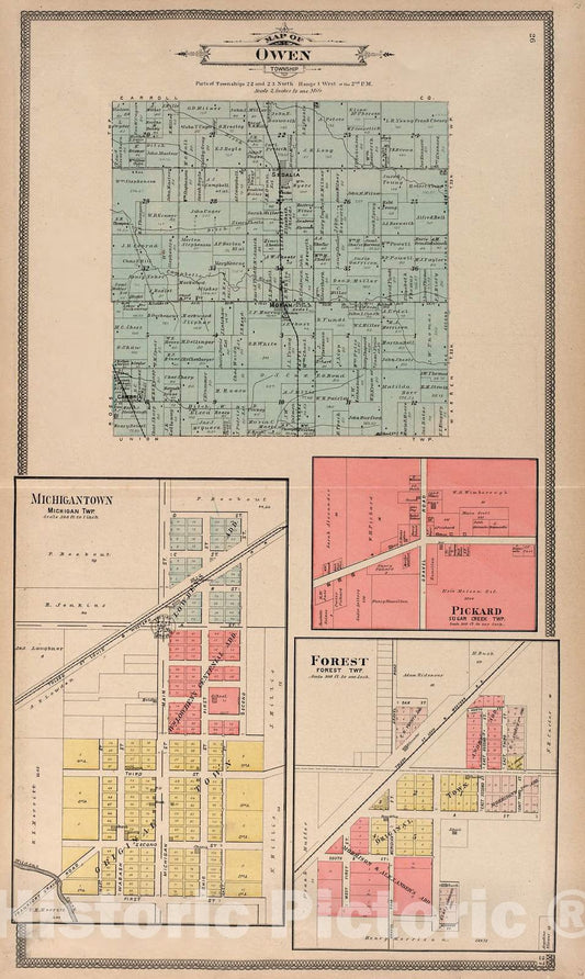 Historic 1903 Map - 20th Century Atlas of Clinton County, Indiana - Owen Twp; Michigantown, Michigan Twp; Pickard, Sugar Creek Twp; Forest - Twentieth Century Atlas of Clinton County, in