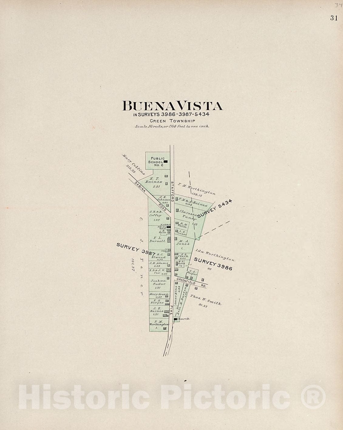 Historic 1913 Map - Plat Book of Fayette County, Ohio - Buena Vista