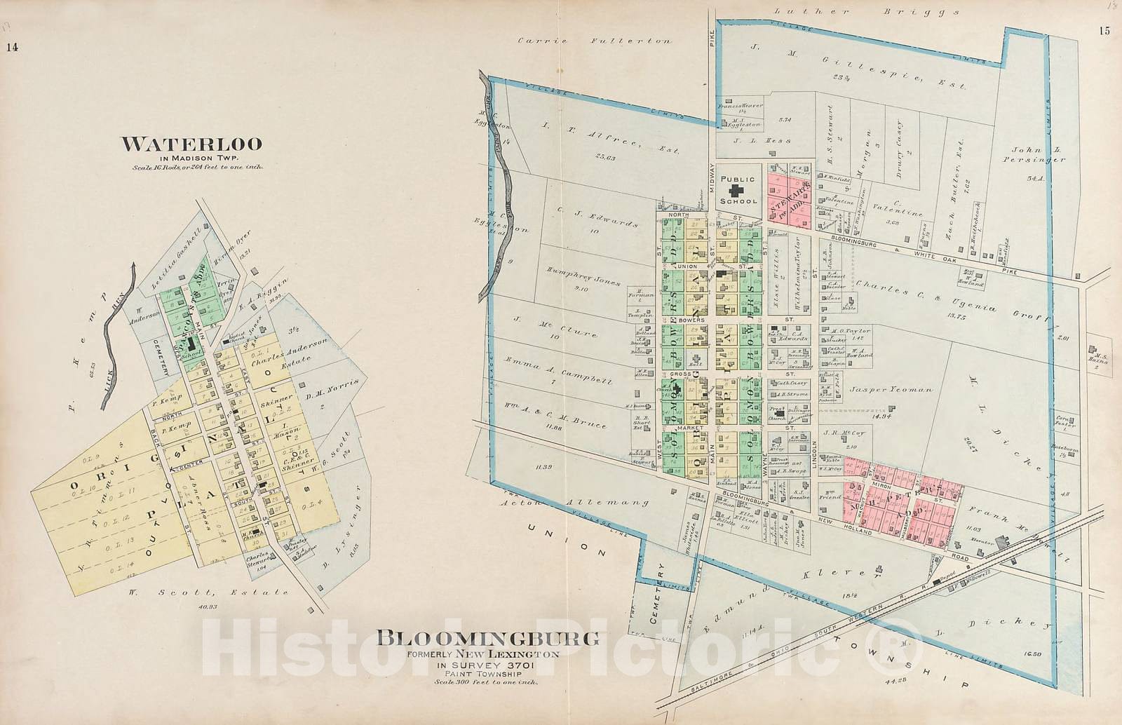 Historic 1913 Map - Plat Book of Fayette County, Ohio - Waterloo; Bloomingburg