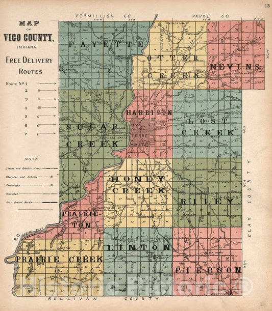 Historic 1907 Map - Standard Atlas of Vigo County, Indiana - Map of Vigo County, Indiana Routes - County of Vigo, Indiana