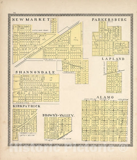 Historic 1898 Map - The Revised Montgomery County Atlas - New Market; Parkersburg; Shanondale; Lapland; Kirkpatrick; Brown's Valley; Alamo - Illustrated Atlas of Montgomery County, Indiana