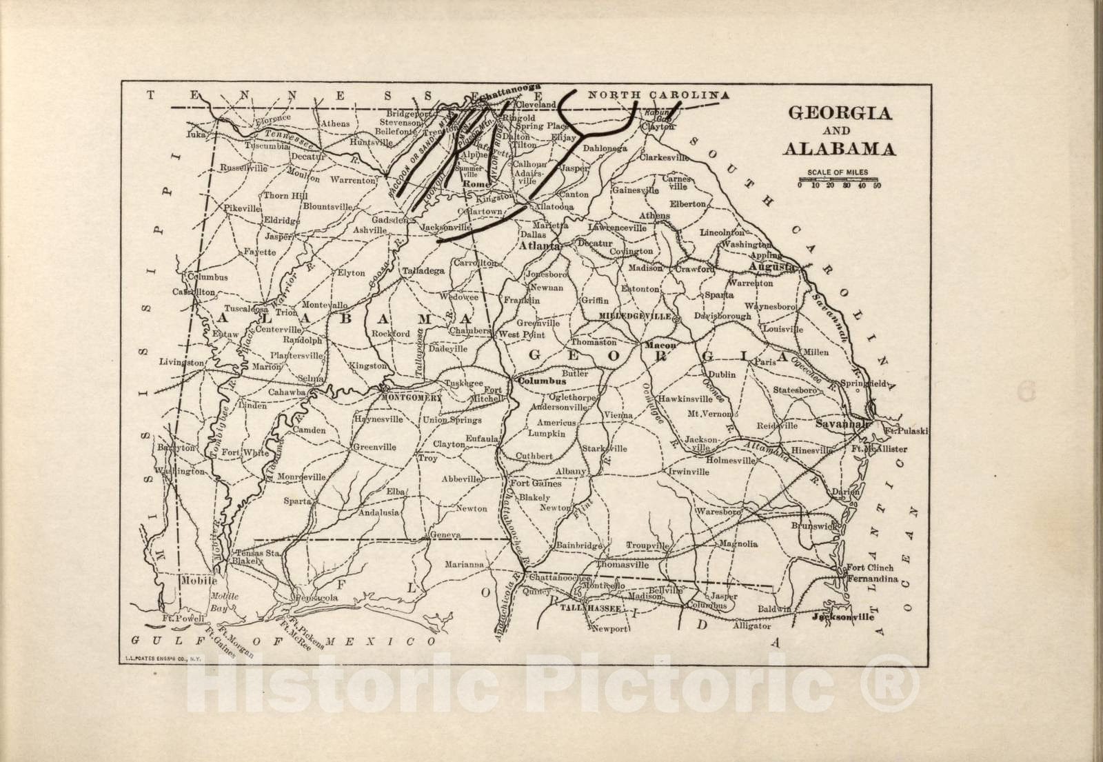 Historic 1914 Map - Campaigns of The American Civil War-Atlas - Georgia and Alabama - American Civil War Atlas