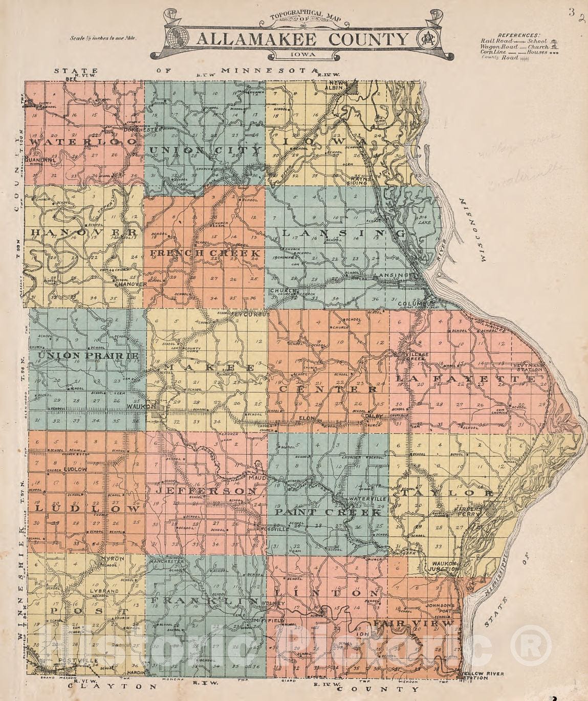 Historic 1917 Map - Atlas of Allamakee County, Iowa - Topographical Map of Allamakee County, Iowa
