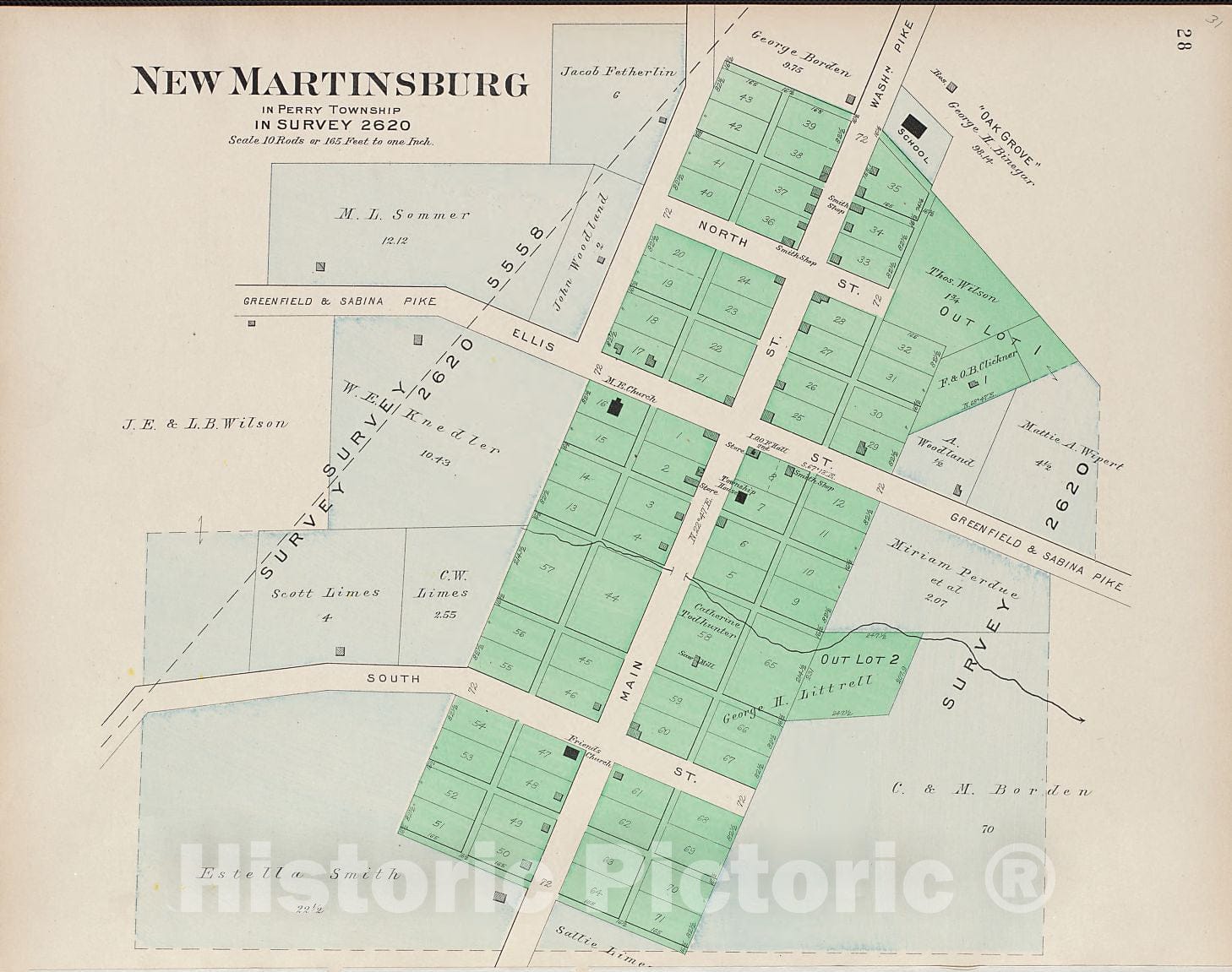 Historic 1913 Map - Plat Book of Fayette County, Ohio - New Martinsburg in Perry Township