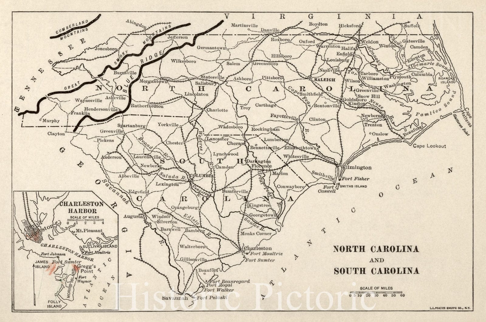 Historic 1914 Map - Campaigns of The American Civil War-Atlas - North Carolina and South Carolina - American Civil War Atlas