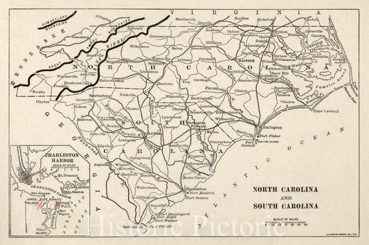 Historic 1914 Map - Campaigns of The American Civil War-Atlas - North Carolina and South Carolina - American Civil War Atlas