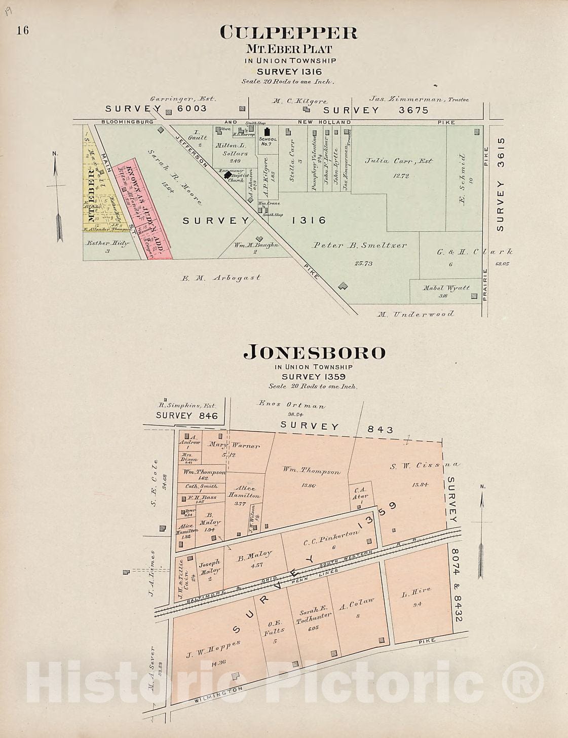 Historic 1913 Map - Plat Book of Fayette County, Ohio - Culpepper, Mt. Eber Plat in Union Township; Jonesboro, in Union Township
