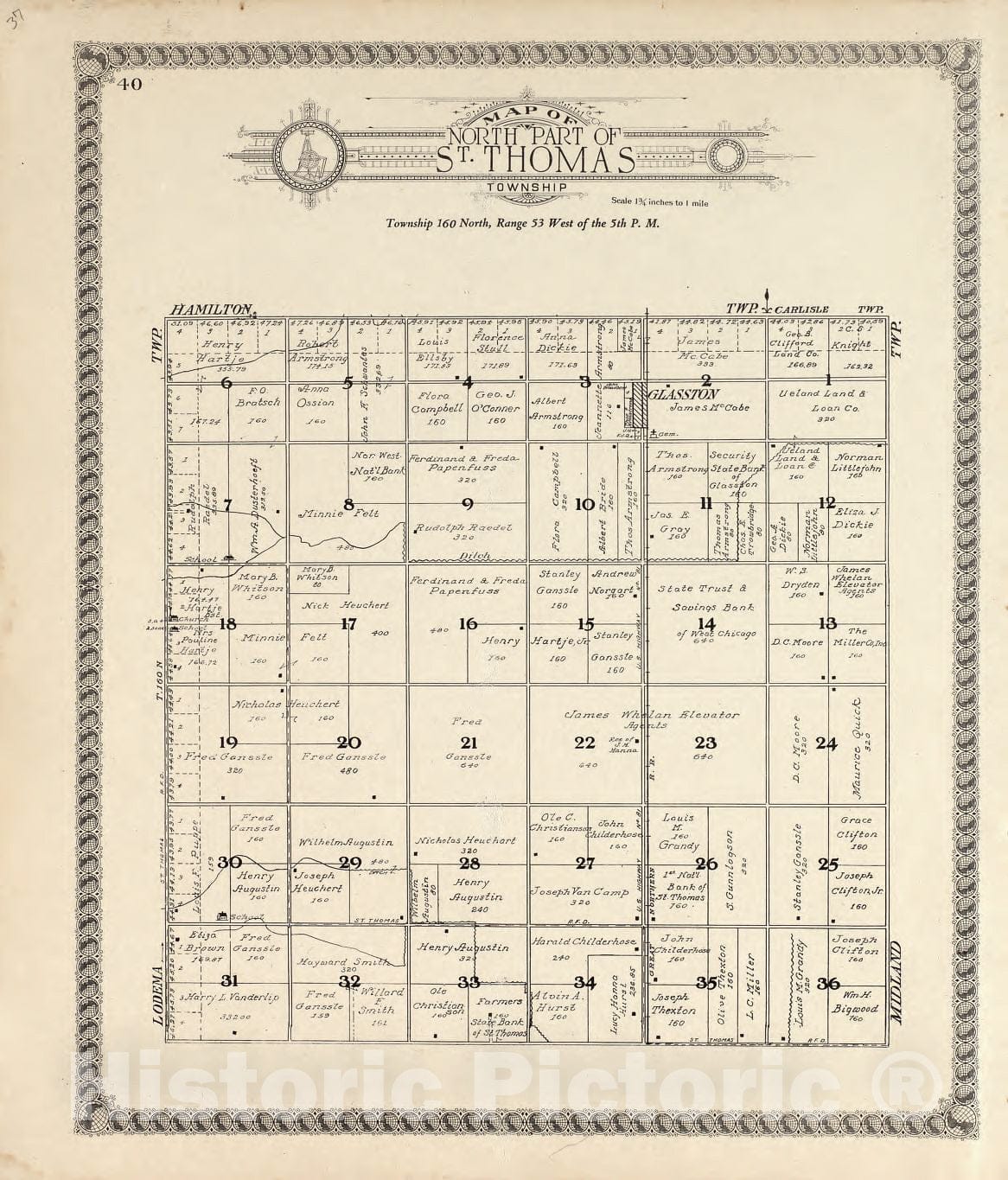 Historic 1928 Map - Standard Atlas of Pembina County, North Dakota - Map of North Part of St. Thomas Twp.