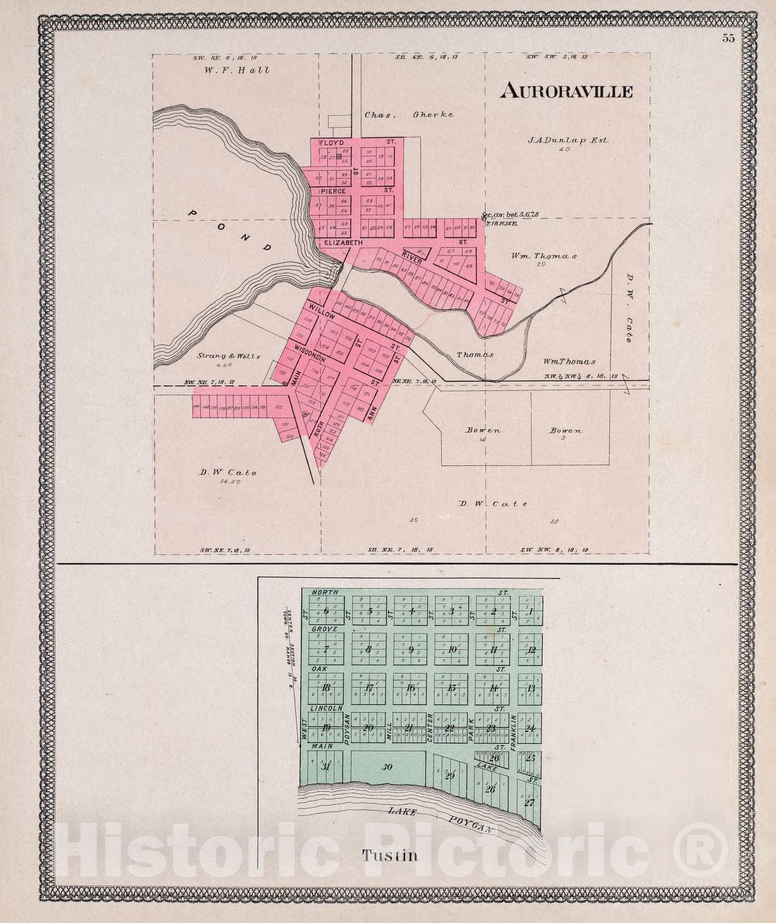 Historic 1906 Map - Atlas of Waushara County, Wisconsin - Auroraville & Tustin