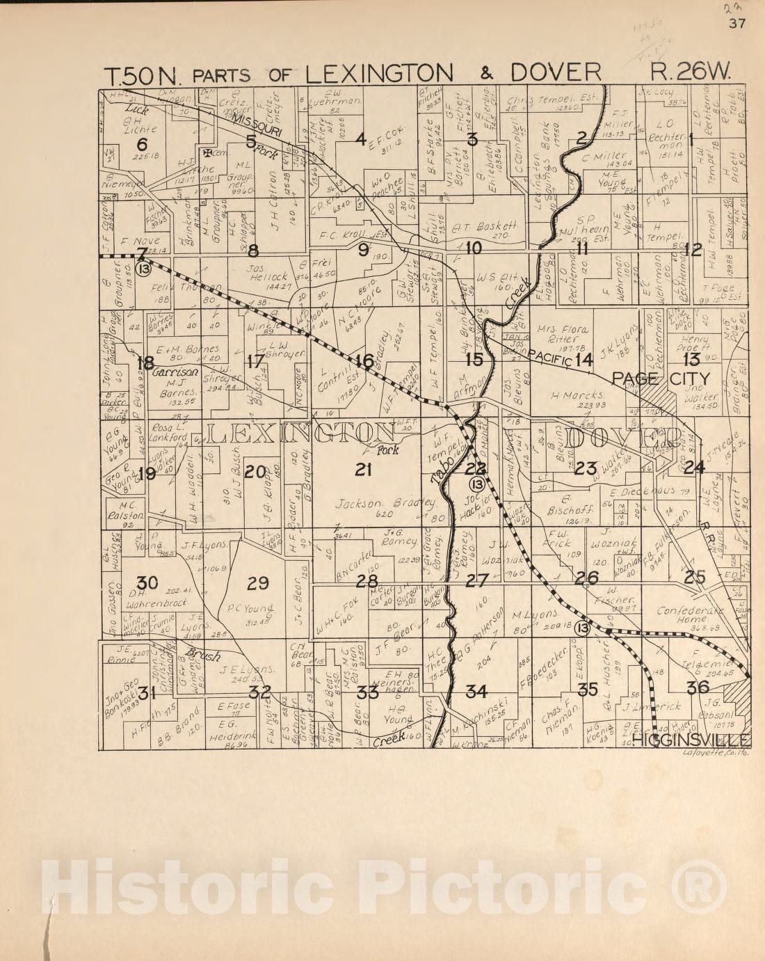Historic 1920 Map - Atlas of Lafayette County, Missouri. - Lexington and Dover 2