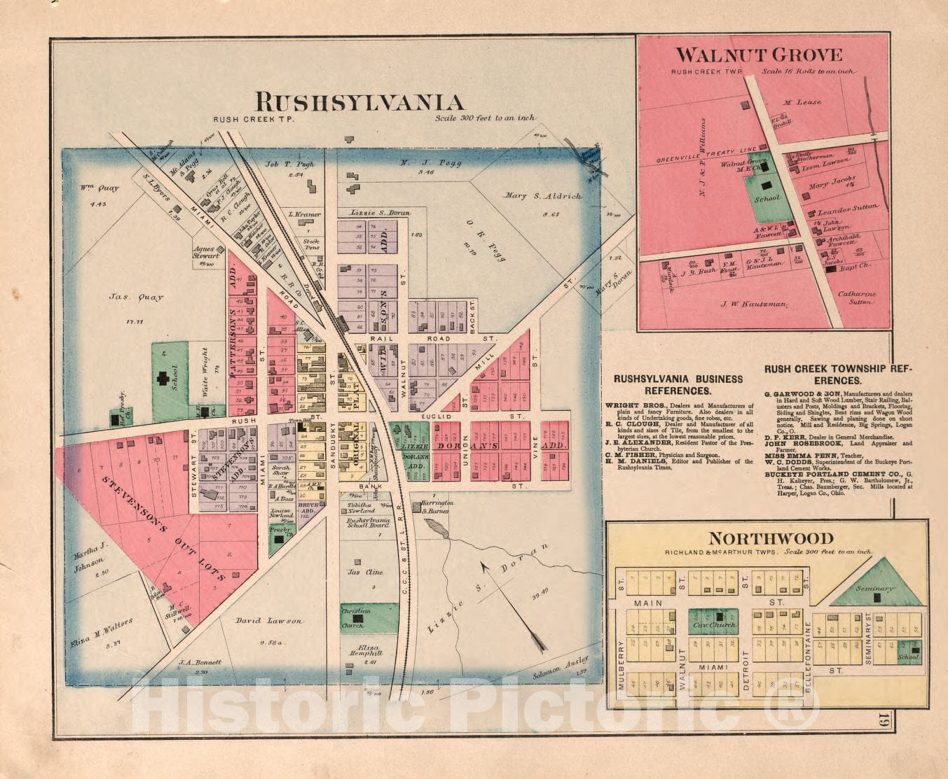 Historic 1890 Map - Atlas of Logan County, Ohio - RushSylvania, Walnut Grove, Northwood