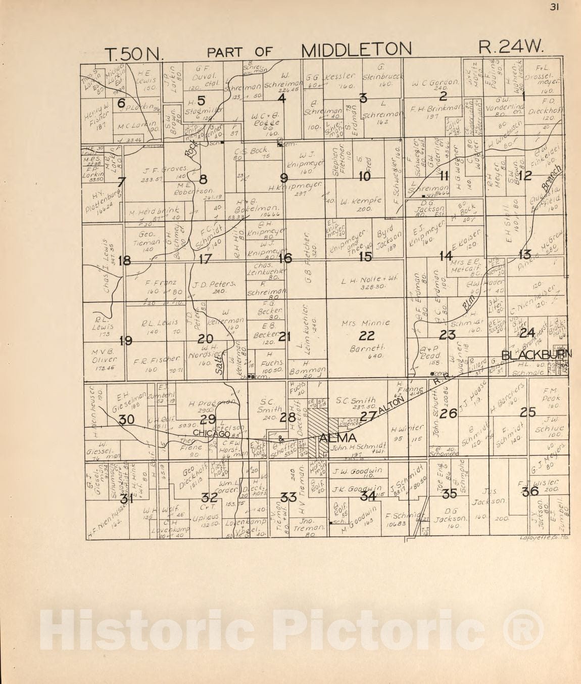 Historic 1920 Map - Atlas of Lafayette County, Missouri. - Middleton 2