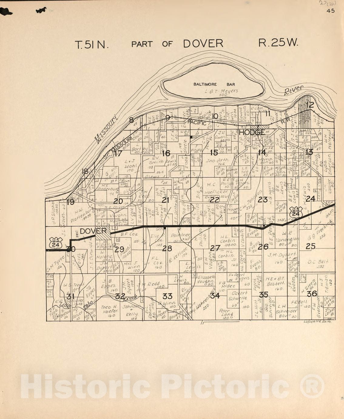 Historic 1920 Map - Atlas of Lafayette County, Missouri. - Dover 2