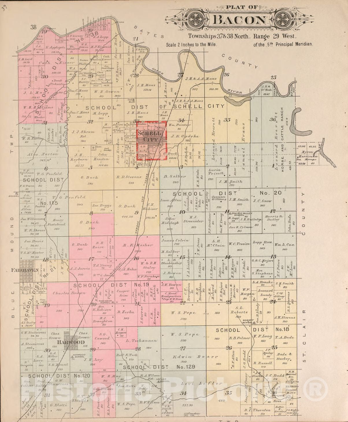 Historic 1903 Map - Plat Book of Vernon County, Missouri - Bacon