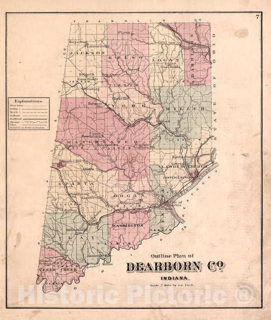 Historic 1875 Map - Atlas of Dearborn County, Indiana - Outline Plan of Dearborn County