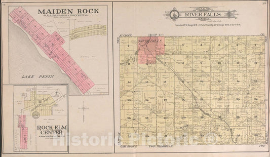 Historic 1908 Map - Standard Atlas of Pierce County, Wisconsin - River Falls, Maiden Rocks