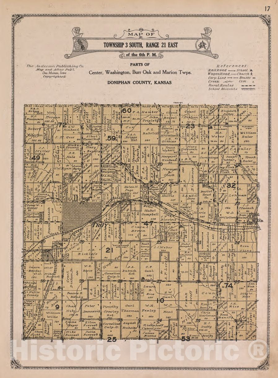 Historic 1927 Map - Atlas of Doniphan County, Kansas - Township 3 South, Range 19 East - Atlas of Doniphan County and The World
