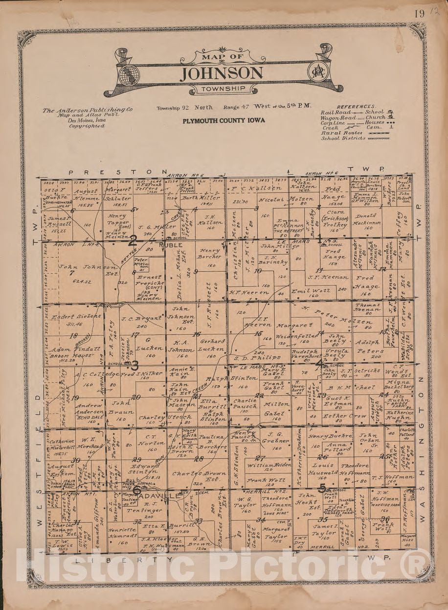 Historic 1921 Map - Atlas of Plymouth County, Iowa - Johnson Township - Atlas of Plymouth County and The World