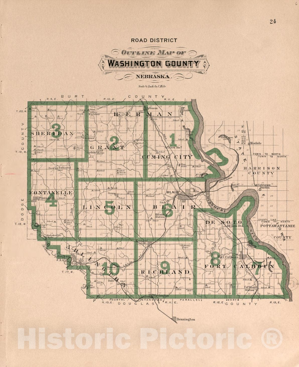 Historic 1908 Map - Plat Book of Washington County, Nebraska - Road District Map of Washington County